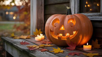 Glowing halloween pumpkin jack o lantern with candles and autumn leaves on wooden porch