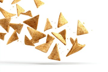 Triangle-shaped snacks, light golden color, falling in mid-air
