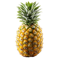 Fototapeta premium A ripe, whole pineapple with a green leafy crown, isolated on a transparent background, showcasing its textured, goldenyellow skin and tropical appeal