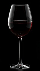 A stemmed glass of red wine is elegantly presented against a pure black background, showcasing the wine's deep color and the glass's transparency.