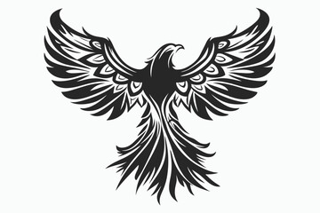 Stylized phoenix soars with intricately patterned feathers showcased in a striking black and white image