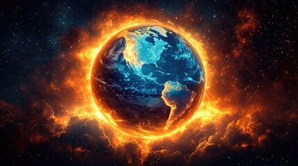 Obraz premium Burning Earth, Cosmic Flames, Planet in Peril