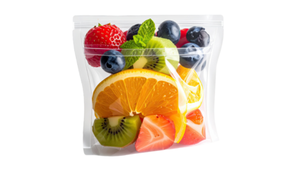 Transparent pouch filled with assorted fresh fruit slices