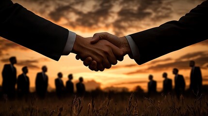 Business handshake at sunset with colleagues in the background
