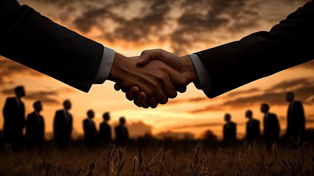 Business handshake at sunset with colleagues in the background - Powered by Adobe