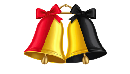 Two Christmas bells, red and black, gold accents
