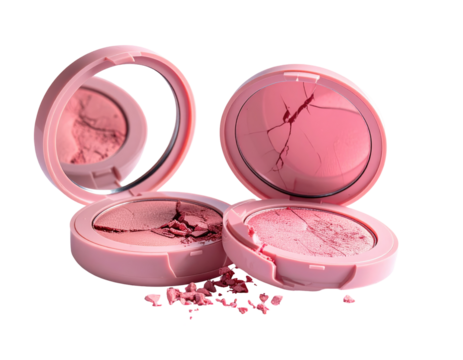 Broken blush compacts with scattered powder