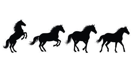 Fototapeta premium Silhouette of four horses in different galloping poses dynamic motion collection vector