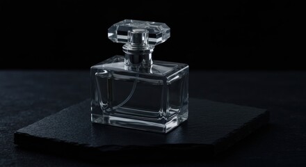 Clear glass perfume bottle on dark stone (2)