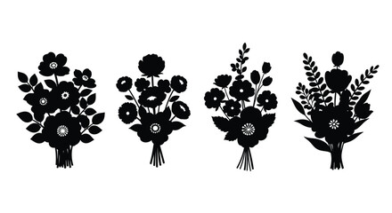 Set of four black silhouette floral bouquets with different flower arrangements and leaf styles vector