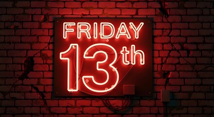 Fototapeta premium Friday the 13th Neon Sign Glows Brightly Against a Cracked Brick Wall, Casting an Eerie Red Light. Mysterious and slightly spooky atmosphere.