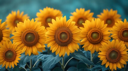 Fototapeta premium Field of Bright Yellow Sunflowers on a Moody Teal Background