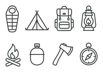 Camping gear icons: sleeping bag, tent, backpack, lantern, campfire, canteen, axe, compass