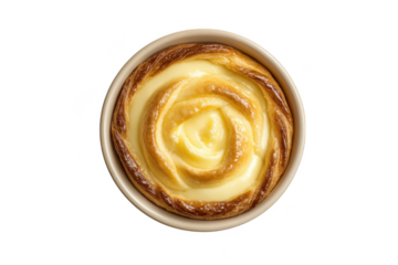 Delicious rose apple tart in a bowl, creamy filling, pastry dessert, sweet treat, bakery item, food photography, top view, culinary art isolated on transparent background