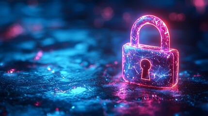 A glowing neon padlock symbol represents futuristic digital security and data protection