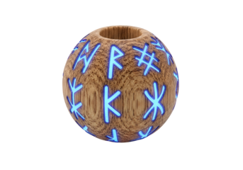 A spherical wooden orb, intricately carved with illuminated runic symbols, showcasing a captivating design and glowing light effects.