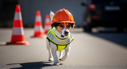 Cute Dog Wearing Hard Hat and Safety Vest on Construction Site