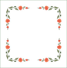 Green vegetal ornamental frame with red poppies, field flowers, leaves and flowers, decorative corners for greeting cards, banners, business cards, invitations, menus. Isolated vector illustration.	