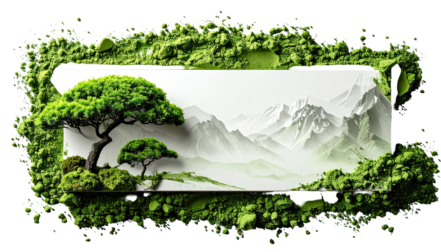 Green landscape framed by powdered green