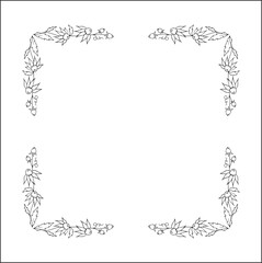 Black and white vegetal ornamental frame with Rudbeckien leaves and flowers, decorative border, corners for greeting cards, banners, business cards, invitations, menus. Isolated vector illustration.	
