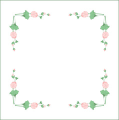 Green vegetal ornamental frame with lotus leaves and pink flowers, water lily, decorative border, corners . Isolated vector illustration.	