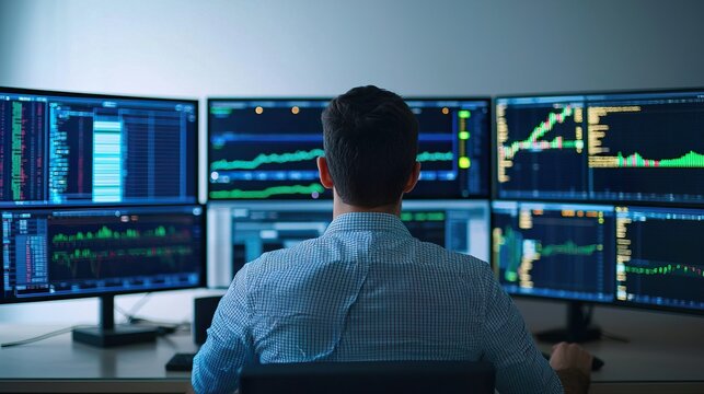 Businessman analyzing stock market data on multiple screens, dynamic office, focused, high-tech
