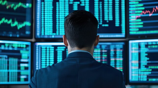 Businessman analyzing stock market data on multiple screens, dynamic office, focused, high-tech