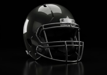 Fototapeta premium A dark, glossy football helmet, highlighted by a metallic face mask, is featured against a black backdrop.