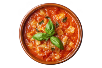 Delicious pappa al pomodoro tuscan tomato bread soup with basil in bowl, italian cuisine, vegan dish, food photography isolated on transparent background