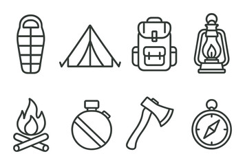 Camping essentials icons: sleeping bag, tent, backpack, lantern, fire, canteen, axe, compass