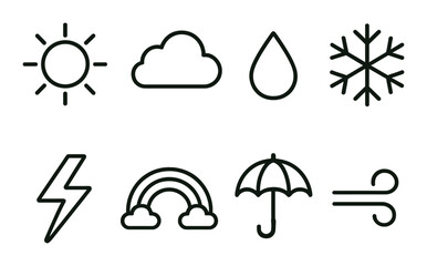 Weather symbols: sun, cloud, raindrop, snowflake, lightning, rainbow, umbrella, wind icon set