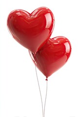 Two glossy, heart-shaped balloons, vibrant red, against a plain white background.  Their smooth surfaces reflect light.  Thin, light-colored strings connect them to an unseen point above