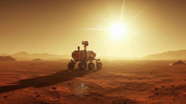 Martian rover exploring the red planet surface under a bright sun, space exploration mission footage