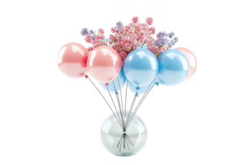 Pastel balloons bouquet with pink and blue balloons and flowers in a vase for birthday party celebration decoration isolated on transparent background