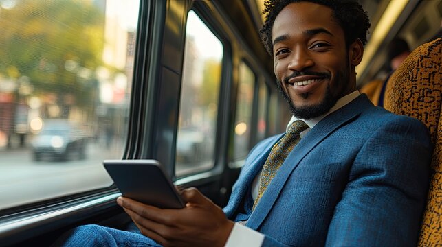 Businessman using tablet on train, urban view, happy expression