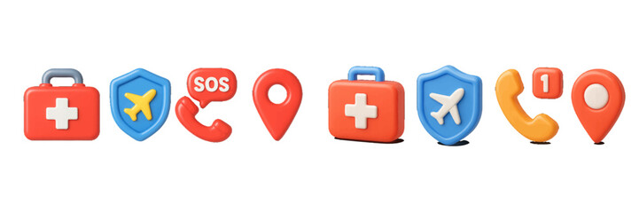 Obraz premium Collection of colorful emergency and travel icons with first aid kit, phone, and location markers
