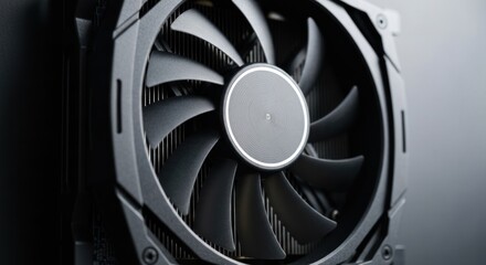 Close-up of a black computer graphics card cooling fan