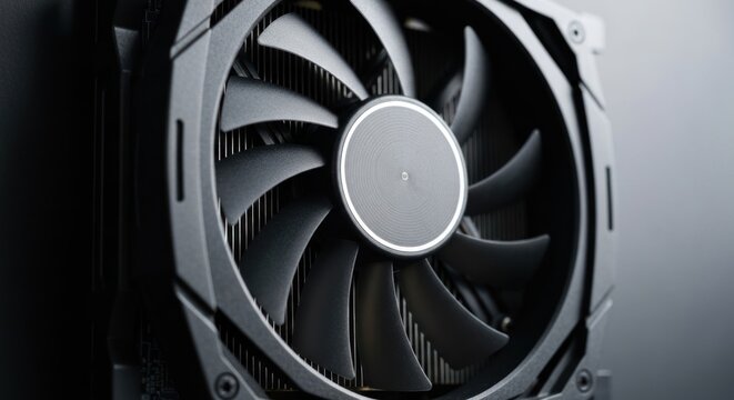 Close-up of a black computer graphics card cooling fan