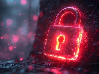 A glowing red padlock icon symbolizes digital security and data protection