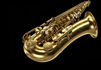 Fototapeta premium A polished gold saxophone instrument, showcasing intricate details and a rich musical tone, is highlighted against a pure black backdrop.