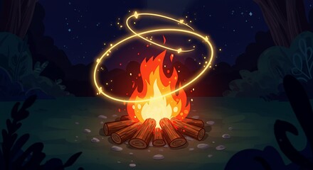 Campfire at night with magical circles