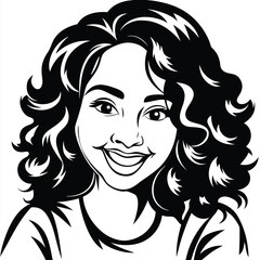 Smiling young woman with curly hair and bright eyes is drawn in monochrome