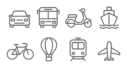 Icon set of transportation modes: car, bus, scooter, boat, bicycle, balloon, train, airplane