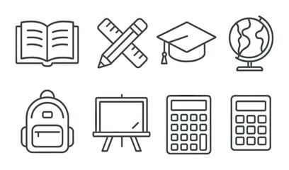 Monochrome school icons: book, pencil, graduation cap, globe, backpack, easel, calculator