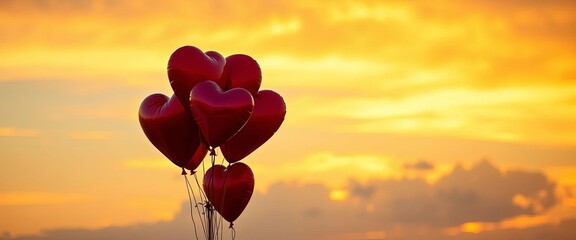 Fototapeta premium Heart-shaped balloons floating against a sunset sky, future, heart
