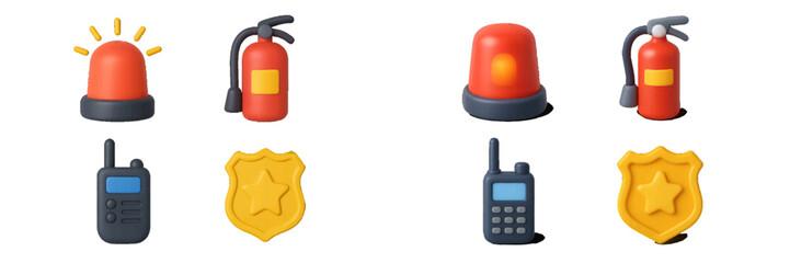 Emergency response icons featuring fire extinguishers, alarm lights, and communication devices for safety awareness campaigns