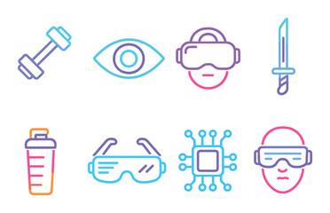 Bright neon symbols: virtual reality, technology, fitness, and gaming icons