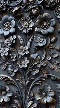 Carved floral ornament in dark metal displays intricate craftsmanship.