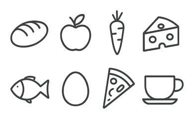 Minimalist food icons: bread, apple, carrot, cheese, fish, egg, pizza, cup on brown background