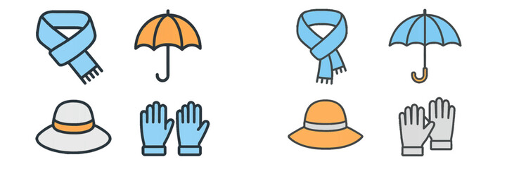 Obraz premium Weather essentials showcase different types of scarves, umbrellas, gloves, and hats for various seasonal needs